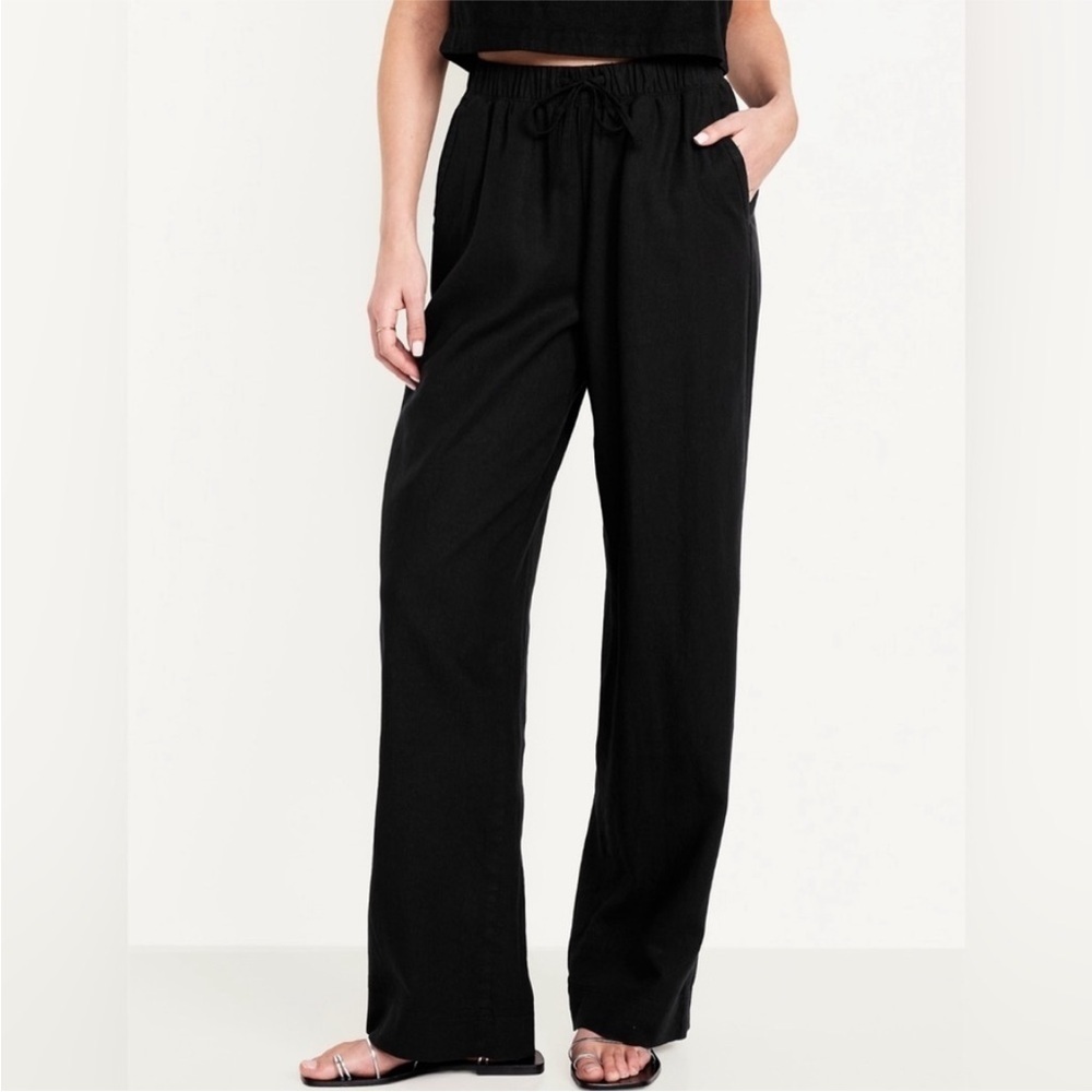 NWT! Old Navy Black High-Waisted Linen-Blend Straight Pants - #784294 🩷 - Picture 2 of 10
